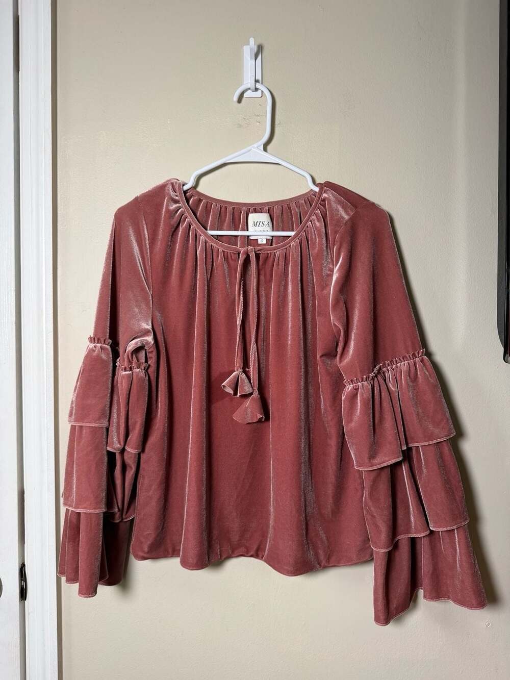 Misa Los Angeles Carmine Blouse Size S Velvet Tie Front Ruffled Sleeves
